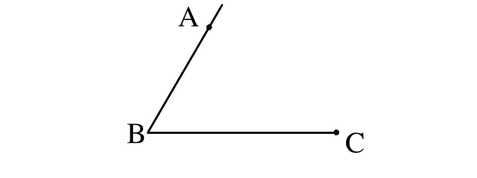$\angle ABC$：頂點 $B$ 在左下，一邊 $\overline{BA}$ 向右上延伸，$A$ 點標在這條邊上（不是端點，邊還往右上再延伸出一小段）；另一邊 $\overline{BC}$ 大致水平向右延伸，$C$ 就是這一邊的端點——水平線到 $C$ 為止，沒有再往右延伸。