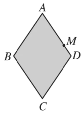 菱形 ABCD：A 在上頂點，C 在下頂點，B 在左、D 在右（B、D 為左右兩個頂點）。M 標在 AD 邊上，位置接近 D。菱形內部填灰色。