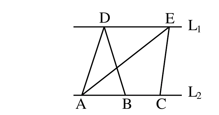 兩條水平線 $L_1$（上）與 $L_2$（下）平行。$L_2$ 上由左至右依序為 A、B、C 三點；$L_1$ 上由左至右依序為 D、E 兩點（D 大致在 A、B 之間的上方，E 在 C 的上方偏右）。圖中線段：D 到 A、D 到 B、A 到 E、E 到 C；其中 D 到 B 的線段與 A 到 E 的線段在梯形內部相交。