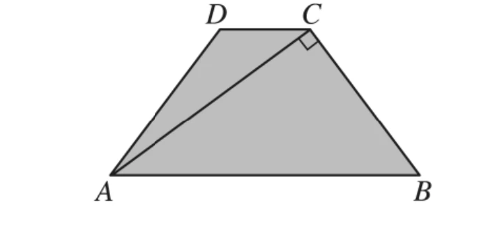 等腰梯形 ABCD：A 左下、B 右下（AB 為下底，較長），D 左上、C 右上（DC 為上底，較短）。從 A 畫一條線段到 C，在 C 處標一個直角記號（AC 與 BC 垂直）。圖形內部灰底。