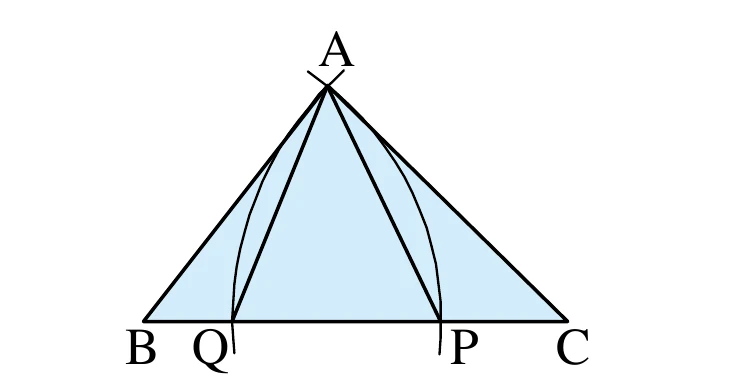 三角形 ABC：A 在上方頂點，B、C 為底邊兩端點（B 左、C 右）。底邊 BC 上由左至右依序標示 B、Q、P、C 四個點（Q 較靠近 B、P 較靠近 C）。從 A 分別畫線段到 Q 與到 P；A 頂點附近有一小段交叉的弧線記號，Q、P 兩點旁也各有一小段弧線（尺規畫弧的記號）。三角形內部淡藍色。