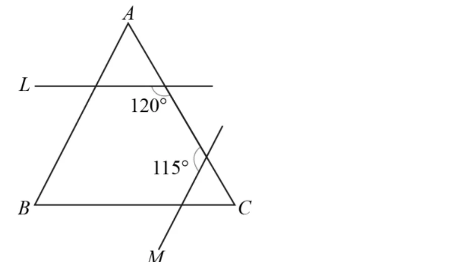 三角形 $ABC$：$A$ 在上方頂點，$B$ 左下、$C$ 右下。直線 $L$ 與 $\overline{BC}$ 平行、通過 $A$ 附近偏左（往左延伸出三角形外，端點標 $L$）；直線 $M$ 與 $\overline{AB}$ 平行、通過 $\overline{AC}$ 中段偏下（往下延伸出三角形外，端點標 $M$）。兩個角度都標在 $\overline{AC}$ 上：$120°$ 的弧畫在 $L$ 與 $\overline{AC}$ 的交點（開口朝左下），$115°$ 的弧畫在 $M$ 與 $\overline{AC}$ 的交點（開口朝左）。