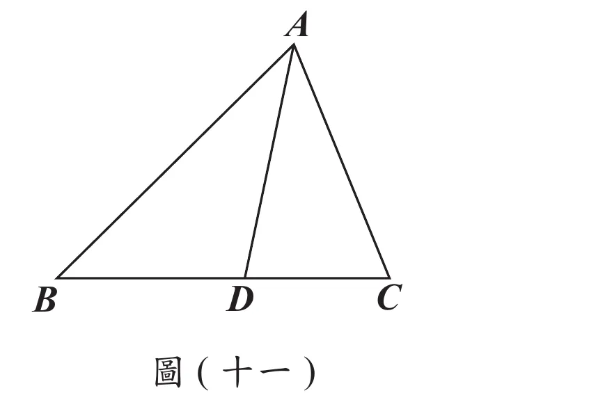 圖(十一)：銳角三角形ABC，A在頂點、B在左下角、C在右下角；D點在BC上（介於B、C之間），並畫出A到D的線段，將三角形分成左右兩個小三角形ABD、ACD