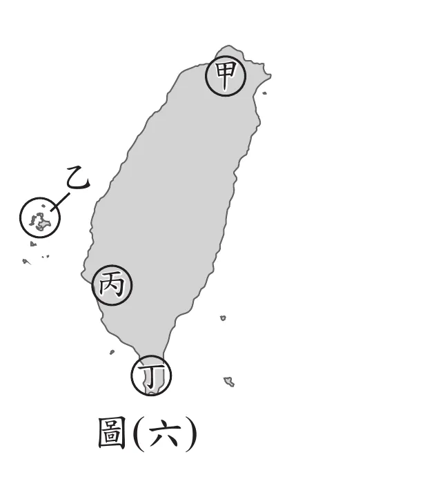 圖(六)：臺灣輪廓地圖，標示甲(北部)、乙(西部外海一小島)、丙(中西部)、丁(最南端)四個圈選點