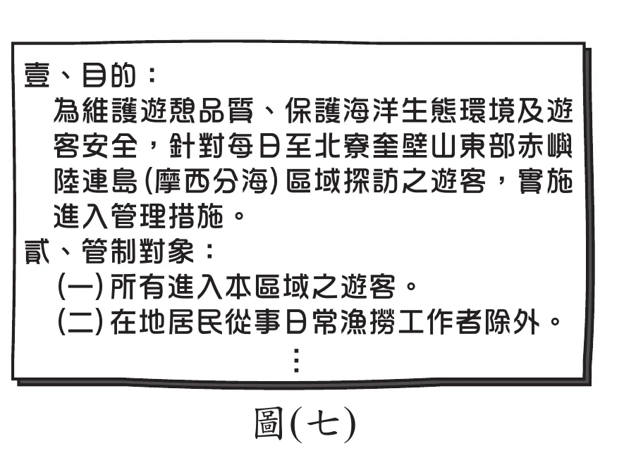 圖(七)：公告文件，壹、目的：為維護遊憩品質、保護海洋生態環境及遊客安全，針對每日至北寮奎壁山東部赤嶼陸連島(摩西分海)區域探訪之遊客，實施進入管理措施；貳、管制對象：(一)所有進入本區域之遊客。(二)在地居民從事日常漁撈工作者除外