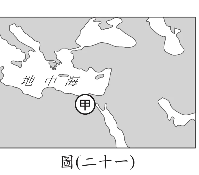 圖(二十一)：地中海東岸地圖，標示「地中海」，甲處圈選於地中海東南岸(埃及一帶)