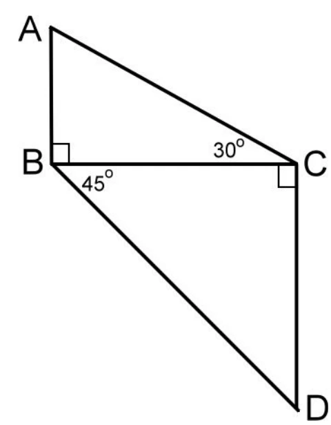 四邊形$ABCD$（由兩個直角三角形組合而成）：$A$在左上、$B$在左方（$\angle ABC$標直角記號）、$C$在右方（$\angle BCD$標直角記號）、$D$在右下。$\angle ACB$標$30°$（在$C$點，$\overline{CA}$與$\overline{CB}$之間）、$\angle CBD$標$45°$（在$B$點，$\overline{BC}$與$\overline{BD}$之間）。線段$\overline{AB}$、$\overline{BC}$、$\overline{CD}$、$\overline{BD}$皆畫出。