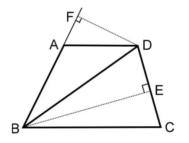 梯形$ABCD$：$A$、$D$在上方（$A$偏左、$D$偏右），$\overline{AD}$為上底；$B$在左下、$C$在右下，$\overline{BC}$為下底。$E$點在$\overline{DC}$邊上（靠近$C$）。$F$點在$\overline{BA}$延長線外側上方。圖中畫有：對角線$\overline{BD}$（實線）；虛線$\overline{DF}$與$\overline{BF}$，於$F$點標直角記號（表示$\overline{DF}\perp\overline{BA}$延長線）；虛線$\overline{BE}$，於$E$點標直角記號（表示$\overline{BE}\perp\overline{DC}$）。
