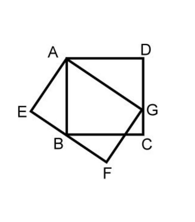 正方形$ABCD$：$A$左上、$D$右上、$C$右下、$B$左下（$B$在$A$正下方）。另有長方形$AEFG$：$A$為共用頂點（左上）、$E$在左側外方（比$A$更靠左，高度明顯低於$A$、與$G$大致同高）、$F$在下方外方（比$B$、$C$更偏下，大致位於$B$、$C$之間，略偏$C$側）、$G$落在正方形右邊$\overline{DC}$上（$D$、$G$、$C$依序，量測$G$的位置明顯偏向$C$側，離$D$遠、離$C$近）。圖中另畫有線段$E$-$B$-$F$（$B$恰落在$E$到$F$的連線上）與線段$\overline{AG}$。
