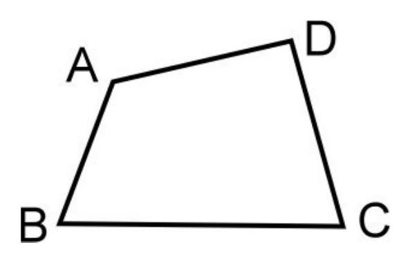 任意四邊形，四頂點依序為$A$（左上）、$D$（右上）、$C$（右下）、$B$（左下），僅畫出四邊形外框，未畫對角線或其他輔助線。