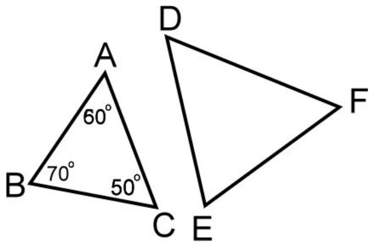 兩個三角形。左邊$\triangle ABC$：$A$在上方，內角標示$60°$；$B$在左下，內角標示$70°$；$C$在右下，內角標示$50°$。右邊$\triangle DEF$：$D$在上方、$E$在左下、$F$在右方，外形與左邊三角形相似但未標示角度。