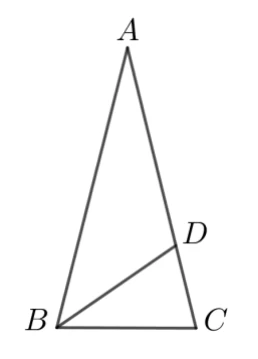△ABC 中，A 在頂端，B 在左下角、C 在右下角；AB、AC 兩邊長度相等（等腰三角形）；D 在 AC 邊上（靠近 C），並畫出 BD 連接 B 與 D。