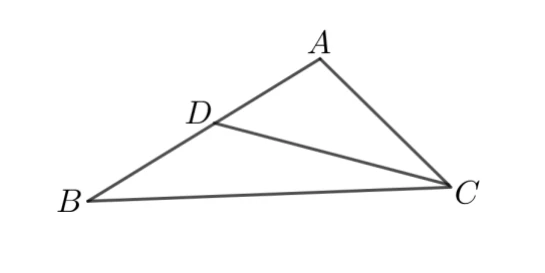 △ABC 中，A 在上方，B 在左下角、C 在右下角；D 在 AB 邊上（靠近 A），並畫出 DC 連接 D 與 C。