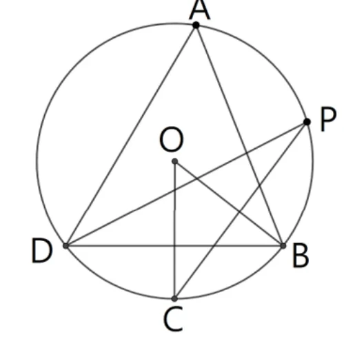 圓O，圓上依順時針方向標示A（頂）、P（右上）、B（右）、C（底）、D（左）五點。O到C畫一直線（半徑$\overline{OC}$，鉛垂方向，C在O正下方）。D、B之間畫一弦（大致水平），此弦與$\overline{OC}$在O下方某處垂直相交（即題幹所給$\overline{BD}\perp\overline{OC}$）。A另分別與D、B相連（弦$\overline{AD}$、$\overline{AB}$，構成$\angle DAB$，頂點在A）；P另分別與D、C相連（弦$\overline{PD}$、$\overline{PC}$，構成$\angle DPC$，頂點在P）。O與P之間也畫有一線段；五點之間另有數條弦交錯，圖形整體呈星形。