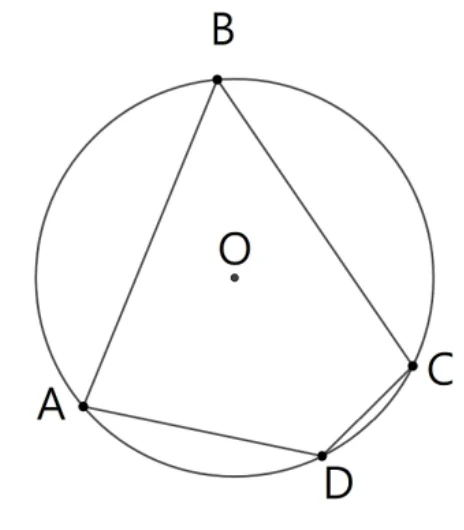 圓O，四邊形ABCD內接於圓，四頂點依序為B（頂）、C（右）、D（右下）、A（左下），依B、C、D、A、B順序連線圍成四邊形（$\overline{BC}$、$\overline{CD}$、$\overline{DA}$、$\overline{AB}$四邊皆畫出）。