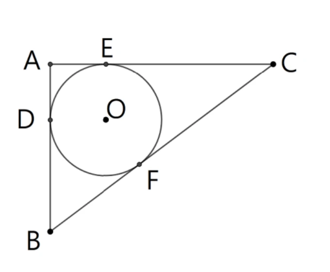 三角形ABC，A在左上、C在右、B在左下（$\angle A$為直角，$\overline{AB}$鉛垂、$\overline{AC}$水平）。圓O為其內切圓，與三邊分別相切：與$\overline{AB}$切於D點（左邊、偏上方）、與$\overline{AC}$切於E點（上邊中段）、與$\overline{BC}$切於F點（斜邊上）。