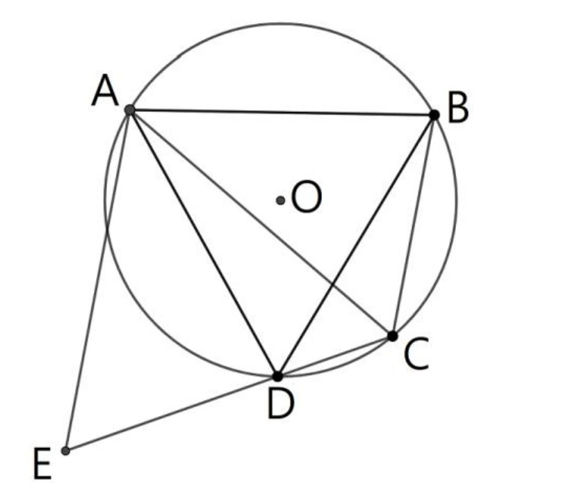 圓O內接正三角形ADB（A在左上、D在下方、B在右上，三邊$\overline{AD}$、$\overline{DB}$、$\overline{BA}$皆畫出）。C點在圓上，介於B、D之間的劣弧上（偏右下）。畫出$\overline{CB}$、$\overline{CD}$兩弦。另過A點畫一直線段到圓外一點E（左下方），此線段$\overline{AE}$與$\overline{BC}$平行；D、E之間也畫一直線（即$\overline{CD}$的延長線，與$\overline{AE}$相交於E點）。