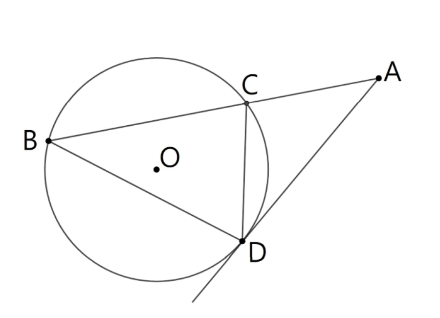 圓O，圓上三點B（左）、C（右上）、D（下）。弦$\overline{BC}$、$\overline{BD}$、$\overline{CD}$皆畫出。圓外一點A（右方）。A分別與C、D相連：$\overline{AC}$為一直線；$\overline{AD}$為圓O在D點的切線（圖中切線超出D點繼續延伸，可見其切線方向）。A與B之間沒有連線。