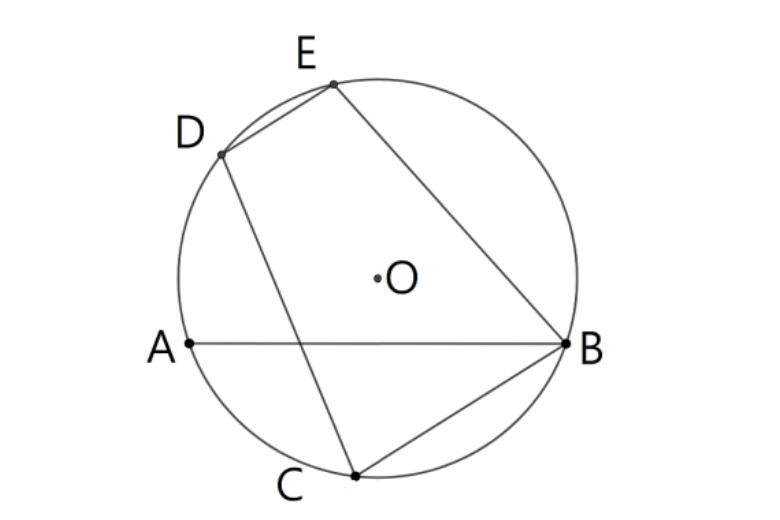 圓O，圓上五點依順時針方向為E（頂）、B（右）、C（底）、A（左下）、D（左上）。所畫的弦：$\overline{AB}$（A到B，橫跨圓，A在左、B在右）、$\overline{BC}$（B到C，右側）、$\overline{CD}$（C到D，由底部連到左上、是較長的對角線）、$\overline{DE}$（D到E，左上方、短弦）、$\overline{BE}$（B到E，右上方）。DE與BC為題幹所給的平行弦。