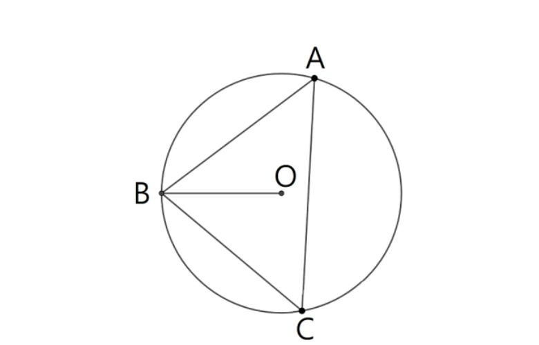 圓O，三角形ABC內接於圓（A在頂、B在左、C在底），畫出$\overline{AB}$、$\overline{AC}$兩邊。另由O到B畫一條半徑$\overline{OB}$。