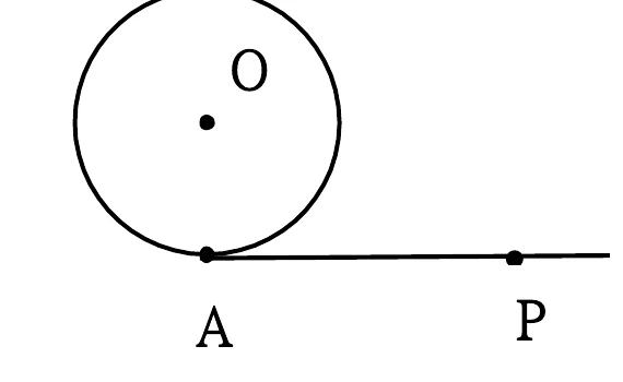 一個圓，圓心處以圓點標示、字母 O 標在圓點上方。圓的最低處有一點 A（在圓心正下方）。從 A 向右畫一條水平線段延伸到圓外一點 P（P 在 A 的右側、圓外）；因 A 是圓的最低點，這條水平線在 A 處與圓相切。
