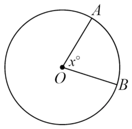 一個圓，圓心標示為 O，圓上有 A、B 兩點。O 與 A、O 與 B 之間各畫一條半徑線段，兩半徑之間的夾角標示為 x°，A 點在圓的右上方、B 點在 A 的右下方（較靠近水平位置）。