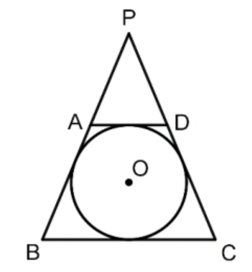 一個等腰梯形 ABCD 的內部有一個內切圓 O，梯形上底左端點為 A、右端點為 D，下底左端點為 B、右端點為 C（上底 AD 較短、下底 BC 較長）。梯形兩腰 BA、CD 分別向上延長，交於梯形上方的一點 P，使得 P、A、B 三點共線，P、D、C 三點共線，整體構成一個大三角形 PBC，內切圓 O 與梯形四邊都相切。