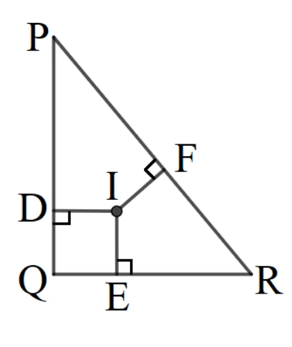 △PQR：P在最上方，Q在左下角，R在右下角。D點在$\overline{PQ}$邊上（偏下方），E點在$\overline{QR}$邊上（偏左、接近Q）。I點在D、E之間的內部，$\overline{ID}$、$\overline{IE}$、$\overline{IF}$均畫出；D處與E處各標有一個直角記號。F點在$\overline{PR}$邊上，I、F之間的連線靠近F處標有一個菱形（開口）直角記號。