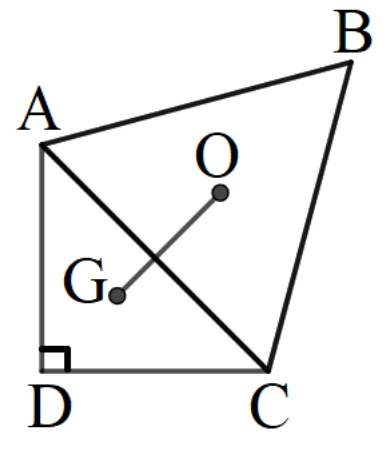 四邊形外觀ABCD：A左上、B右上、C右下、D左下，D處標有直角記號（$\overline{DA}$與$\overline{DC}$垂直）。圖上畫有四邊$\overline{AB}$、$\overline{BC}$、$\overline{CD}$、$\overline{DA}$，以及對角線$\overline{AC}$（A到C）。O點在對角線$\overline{AC}$上方、△ABC區域內；G點在對角線$\overline{AC}$下方、△ACD區域內。O、G之間另畫有一條線段直接相連。