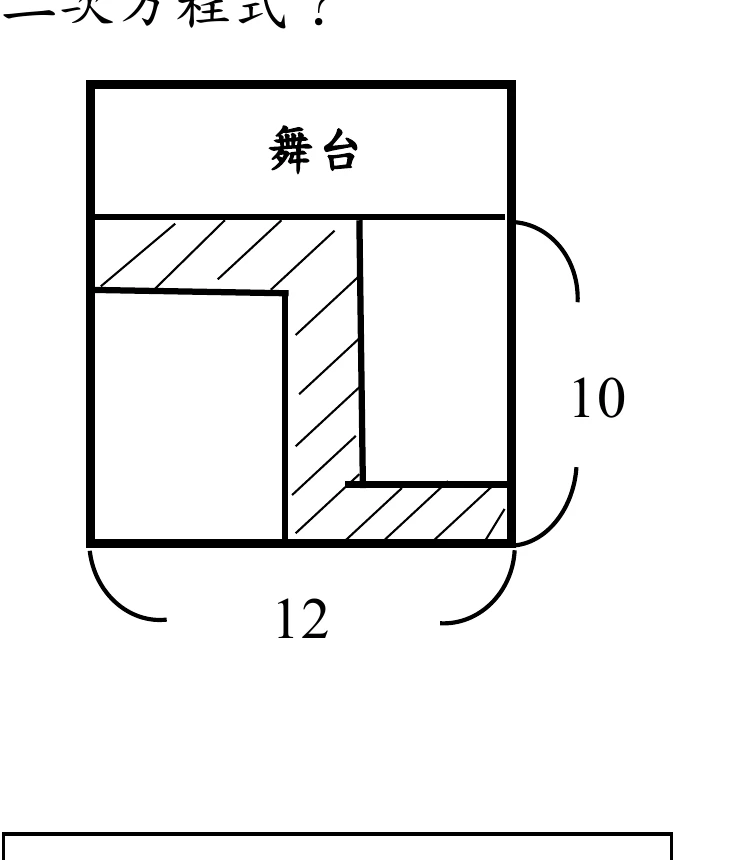 一個長方形外框（不是正方形）。最上方為一條貫穿全寬的水平長條，標示「舞台」。右側標示 10 的大括號，上端起於舞台橫帶的下緣、下端到外框底邊——也就是 10 只量舞台以下那一塊，不含舞台；下方標示 12 的大括號量的是全寬。舞台以下的區域被等寬的斜線走道分成「Z 字形」：斜線區從舞台正下方的左側起，向右延伸一段後轉折向下，沿一條鉛直線下降到接近底部，再轉折向右延伸到右邊界。斜線走道左右各留一塊空白（搖滾區）：左下一塊較大、右上一塊較窄長，兩塊互不相連。舞台橫帶的厚度不等於走道寬 x（橫帶明顯比走道厚得多）。