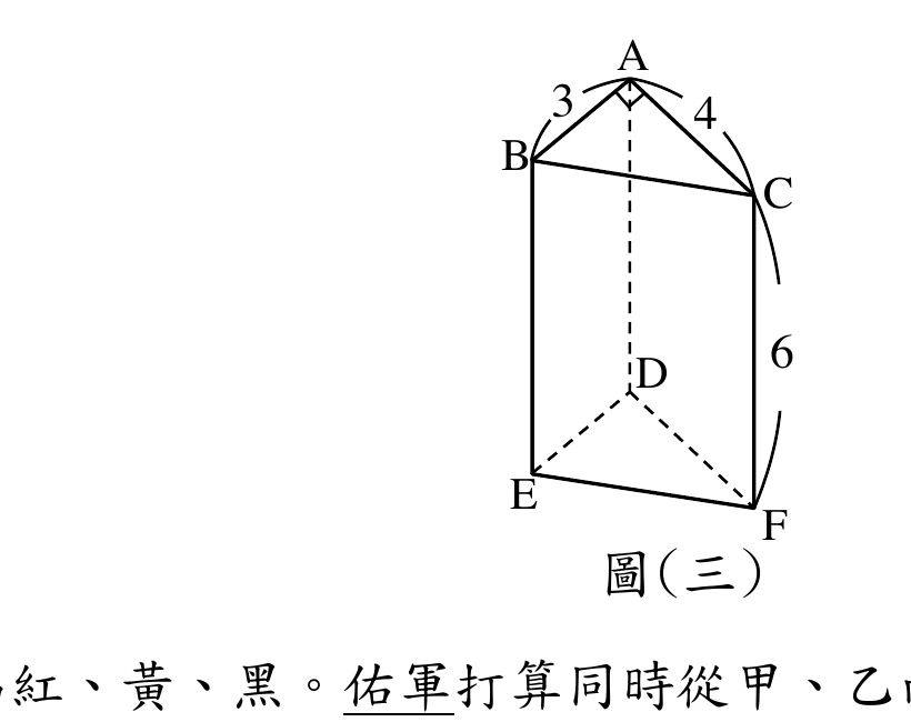 一個直角柱（三角柱）：上底面是三角形 ABC，頂點 A 在最上方並標示直角記號，AB 邊標示長度 3、AC 邊標示長度 4，B、C 為上底面另外兩頂點、BC 邊為斜邊（未標長度）；下底面是對應的三角形 DEF，D 對應 A、E 對應 B、F 對應 C（AD、DE、DF 以虛線表示，代表被遮擋的邊）；側面的垂直邊 CF 標示長度 6。