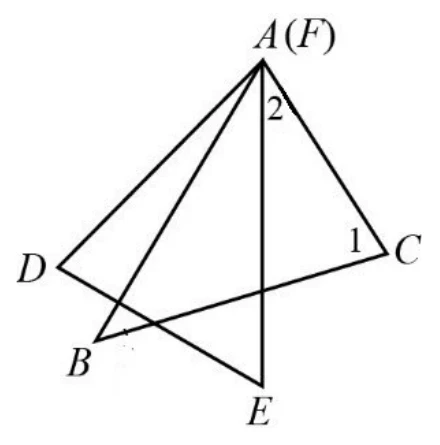 複合圖形，最上方頂點標示「A(F)」（A、F兩點重合）。由A向下引出三條線段，分別到左側的D、正下方的E、右側的C；AE與AC之間、靠近A處標示角「2」。另有一條線段由D連到E，以及一條線段由左下方的B連到C；這兩條線段與AE互相交叉於圖形中央偏左處。C點附近、CA與CB兩線段之間標示角「1」。圖中未畫出A與B的連線。