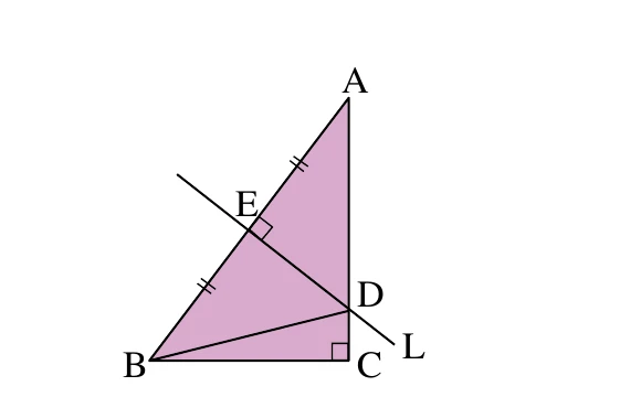 直角三角形 $ABC$：直角頂點 $C$ 在右下、$B$ 在左下、$A$ 在右上，$\overline{AC}$ 是右側那條鉛直邊。$E$ 在 $\overline{AB}$ 上，$E$ 處有直角記號，且 $\overline{AE}$ 與 $\overline{BE}$ 各標一個雙撇記號（$E$ 是 $\overline{AB}$ 中點、直線 $L$ 是 $\overline{AB}$ 的中垂線）。直線 $L$ 過 $E$ 往右下延伸，與 $\overline{AC}$ 交於 $D$（$D$ 在 $C$ 的正上方、靠近 $C$），圖上另畫出 $\overline{BD}$；$L$ 的標籤在該直線的右下端。（不是「$L$ 交 $\overline{BC}$ 的延長線於 $D$、並畫 $\overline{AD}$」——照那種讀法會解出 $\overline{CD}=\dfrac{28}{3}$，不在選項中；正確讀法解得 $7$，與答案相符。）