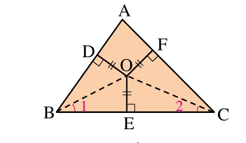 三角形 $ABC$ 內有一點 $O$：$\overline{OD}\perp\overline{AB}$ 於 $D$、$\overline{OF}\perp\overline{AC}$ 於 $F$、$\overline{OE}\perp\overline{BC}$ 於 $E$，三處都有直角記號。等長記號的撇數在圖上並不一致：$\overline{OD}$ 與 $\overline{OF}$ 各標雙撇，$\overline{OE}$ 標三撇。以題幹文字為準——題幹已明寫 $\overline{OD}=\overline{OE}=\overline{OF}$，撇數不一致是卷面繪圖的瑕疵，不是條件。另有兩條虛線 $\overline{OB}$、$\overline{OC}$，$B$ 端標 $\angle1$、$C$ 端標 $\angle2$。