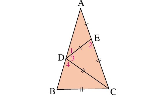 三角形 $ABC$（$A$ 在上、$B$ 在左下、$C$ 在右下）：$D$ 在 $\overline{AB}$ 上、$E$ 在 $\overline{AC}$ 上，畫出 $\overline{DE}$ 與 $\overline{DC}$。等長記號：$\overline{AD}$ 與 $\overline{DE}$ 各單撇；$\overline{EC}$、$\overline{DC}$、$\overline{BC}$ 各雙撇。角標的位置：$\angle1$、$\angle3$、$\angle4$ 三個都在 $D$ 周圍（1 在上、3 在中、4 在下），但 $\angle2$ 標在 $E$ 旁邊（即 $\angle DEC$），不是在 $D$ 周圍。