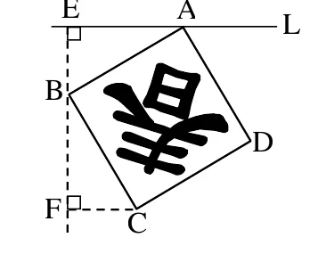 一個以藝術字體書寫單一漢字的正方形春聯圖案（正方形 $ABCD$），整體旋轉貼歪，其中一邊上方頂點 $A$ 落在水平線 $L$ 上；$L$ 上另標一點 $E$，$E$ 正下方以虛線垂直連到左側頂點 $B$（垂足為 $E$，標直角記號）；正方形右側頂點標示 $D$；下方頂點標示 $C$，$C$ 正下方以虛線垂直連到另一點 $F$（標直角記號），$F$ 與 $E$ 在同一水平位置。（因字體高度藝術化，圖案中的文字內容不易辨識確切字義，僅描述可見形狀特徵。）