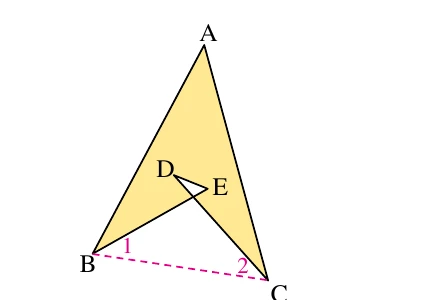鏢形（內凹）圖形：外側三頂點 $A$（最上）、$B$（左下）、$C$（右下）；內部有 $D$（偏左上）、$E$（偏右下）兩點，$D$、$E$ 之間有一條短線段相連。連線方式是 $B$ 連到 $E$、$C$ 連到 $D$，這兩條線會互相交叉（交點落在 $D$、$E$ 的右下方），$D$、$E$ 與交點圍出一個朝下的白色小三角形。（即邊界順序是 $A\to B\to E\to D\to C\to A$，不是 $A\to B\to D\to E\to C\to A$。這一點決定整題：交叉讀法下 $\angle D+\angle E=\angle1+\angle2$，五角和為 $180°$；不交叉的凹五邊形讀法會得到 $540°$，與答案不符。）另有一條洋紅色虛線由 $B$ 直接連到 $C$，$B$ 端標 $\angle1$、$C$ 端標 $\angle2$，是輔助線不是邊界。