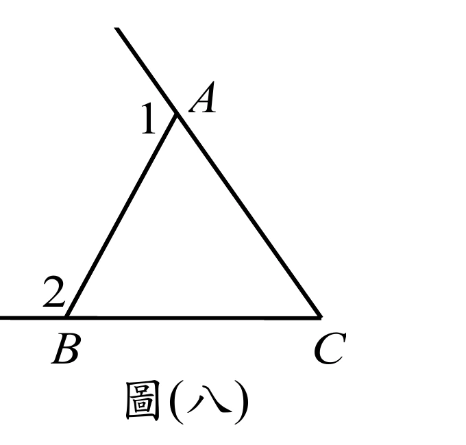 △ABC：A在上方頂點，B在左下、C在右下。$\overline{BA}$邊超出A點向左上方延伸；∠1標在A點，為此延伸線與$\overline{AC}$之間的角。$\overline{CB}$邊超出B點向左方延伸（與$\overline{BC}$共線）；∠2標在B點，為此延伸線與$\overline{BA}$之間的角。