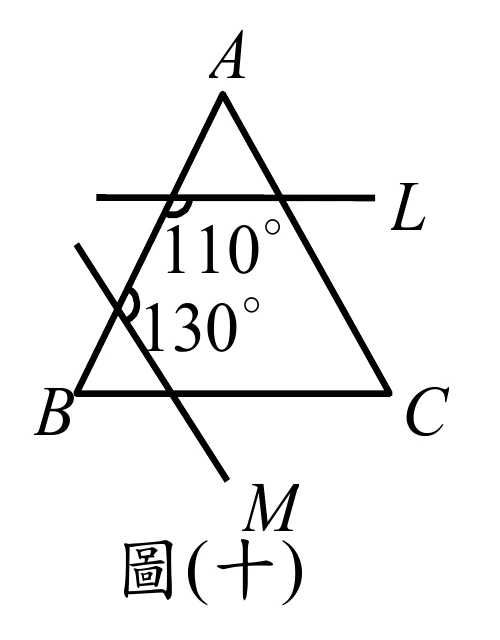 △ABC：A在上方頂點，B在左下、C在右下。直線L大致水平，向右延伸超出三角形（標示L），與$\overline{AB}$相交於一點（交角標$110°$，標在交點下方、L與$\overline{AB}$之間），並與$\overline{AC}$相交於另一點（未標角度）。直線M由左上往右下延伸，向下超出B點並延伸到三角形外（標示M），與$\overline{AB}$相交於另一點（交角標$130°$，標在交點右側、M與$\overline{AB}$之間；此交點比L與$\overline{AB}$的交點更靠近B），並與$\overline{BC}$相交於B點右側的一點（未標角度）。