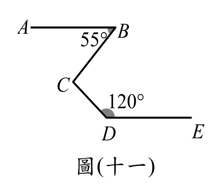 折線A-B-C-D-E：A、B之間為水平線段（A在左、B在右）；B、C之間為線段，由B向左下方延伸至C；C、D之間為線段，由C向右下方延伸至D；D、E之間為水平線段（D在左、E在右）。∠B（旁標$55°$）標在B點，為$\overline{AB}$與$\overline{BC}$之間的角；∠D（旁標$120°$）標在D點，為$\overline{CD}$與$\overline{DE}$之間的角。