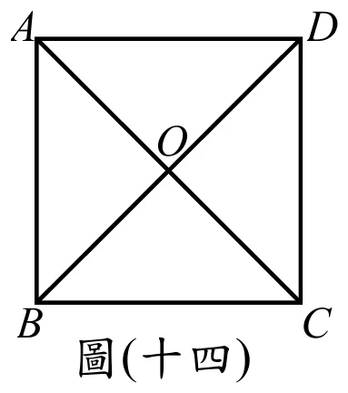 正方形ABCD：A左上、D右上、B左下、C右下。兩條對角線$\overline{AC}$、$\overline{BD}$皆畫出，相交於O點（位於圖形中央）。