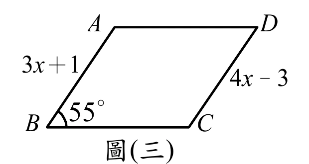 平行四邊形ABCD：A在左上、D在右上，B在左下、C在右下。$\overline{AB}$旁標示$3x+1$，$\overline{DC}$旁標示$4x-3$，B處的內角標示$55°$。