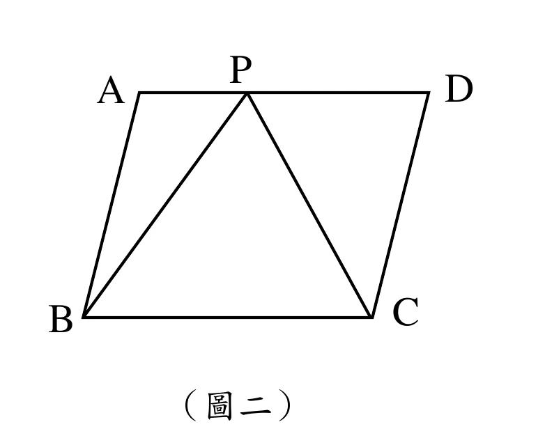平行四邊形ABCD：A在左上、D在右上、B在左下、C在右下；P為AD邊上偏左的一點。圖中連接BP、PC，並已有BC邊，構成△ABP、△BPC、△CDP三個三角形。