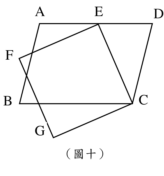 （圖十）平行四邊形 $ABCD$（$A$ 左上、$D$ 右上、$B$ 左下、$C$ 右下）與正方形 $CEFG$ 疊在一起。正方形的四個頂點依序是 $C$（平行四邊形的右下角）$\to E$（在上邊 $\overline{AD}$ 上，約在 $A$、$D$ 之間）$\to F$（在左側，落在平行四邊形的外面，不在 $\overline{AB}$ 上）$\to G$（在左下方，也在平行四邊形外）。
$E$ 這個點是全題的樞紐：$A$、$E$、$D$ 三點共線（$E$ 在上邊上），而從 $E$ 出發的四條射線由左而右（順時針）依序是 $\overrightarrow{EA}$、$\overrightarrow{EF}$、$\overrightarrow{EC}$、$\overrightarrow{ED}$，所以 $\angle AEF+\angle FEC+\angle CED=180°$，其中 $\angle FEC=90°$（正方形的內角）。