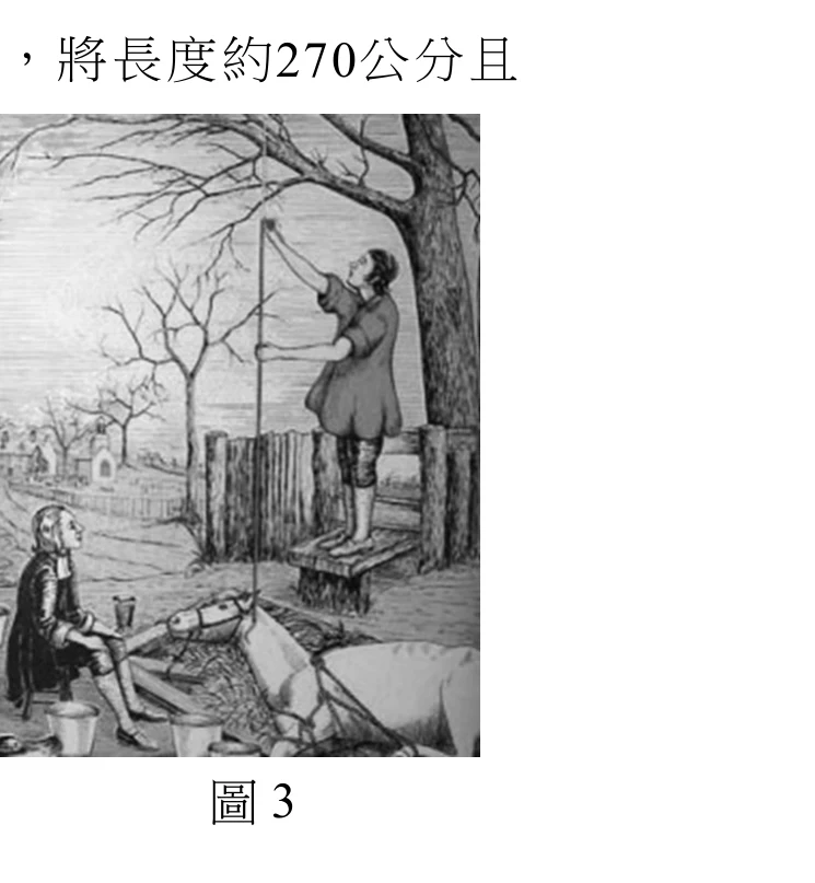一幅18世紀黑白版畫，呈現Stephen Hales的實驗場景：一匹馬被繩索綑綁、側躺臥倒在地上，馬的頸部附近插入一根長直的玻璃管，玻璃管垂直豎立、上端由一位站在矮凳上的男子扶著固定，管內可見液面（血液）已上升到相當高度；畫面左側坐著另一位觀察者，地上散落幾個桶子，背景為鄉間原野與教堂尖塔。圖中並未標示管內液面的實際高度數字或刻度。