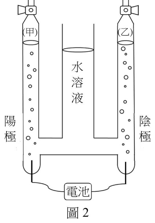 兩根直立的集氣管以上方水平線連通（代表同一個水溶液槽），左管標示（甲）、右管標示（乙），兩管上方都各自畫有一個氣體閥門符號。管內畫有多個小圓圈代表氣泡（大小不一，分布大致均勻），左管下方標示「陽極」、右管下方標示「陰極」；兩管中央標示「水溶液」。兩管底部各自向下接出電極（以短豎線表示），再以導線向下連接到中央下方一個方框符號、內標示「電池」，方框下方置中標示「圖 2」。