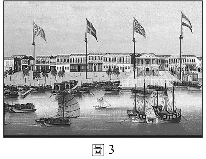 圖3是一幅十八世紀末風格的港口寫景版畫（黑白印刷），描繪一片水岸商館區。畫面中景是一整排西式（歐洲殖民地風格）二至三層樓房，白牆、成排拱窗與柱廊，樓房前方立著四支高聳的旗桿，由左至右各懸掛一面外國國旗（依題幹說明依序為美國、瑞典、英國、荷蘭），旗幟在風中飄揚，樓房與旗桿之間是一片開闊的濱水空地，點綴著整排行道樹。近景（畫面下半部）為江面，停泊與往來著多艘中式帆船（戎克船，junk）：包括張著寬幅蓆帆、船身低矮的中式貨船，以及船艏漆有八卦或雙眼圖案的小型舢舨，江面瀰漫著薄霧，遠處江面上另有帆影點點。整體構圖是「西式旗幟林立的商館建築群＋中式帆船雲集的港灣」並置的畫面，呈現外國商館區與中國本地水運交會的貿易口岸景象，對應題幹所述「外商依國籍設館、懸掛國旗」的十三行制度，是本題判斷答案「廣州」的關鍵圖面證據。