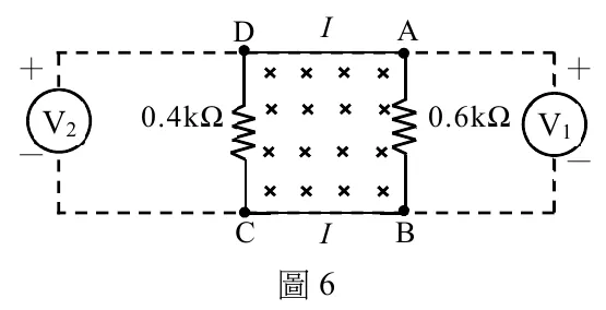 正方形迴路 ABCD（虛線邊框代表外側量測支路），四個頂點由左上開始依序為 D（左上）、A（右上）、B（右下）、C（左下）。D到A邊與C到B邊中點各標示斜體字母 I（原圖無箭頭，僅文字標示）。迴路中央方框內畫滿「×」符號代表磁場垂直射入紙面。左側支路串接電阻 0.4kΩ 與伏特計 V2，V2 正極（+）在上方接 D 點、負極（−）在下方接 C 點；右側支路串接電阻 0.6kΩ 與伏特計 V1，V1 正極（+）在上方接 A 點、負極（−）在下方接 B 點