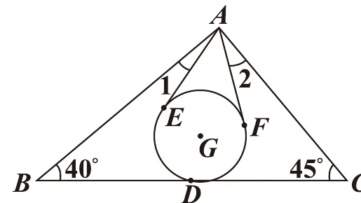圖(十)：三角形ABC，A在上、B左下標示40°、C右下標示45°；BC中點為D，重心G在三角形內部、D正上方；以G為圓心的圓與AB切於E、與AC切於F；A到E的線段旁標示角1，A到F的線段旁標示角2