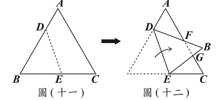 圖(十一)(十二)並列：左圖為正三角形ABC摺疊前，D在AB上、E在BC上，虛線DE為摺線；右圖為沿DE摺線將B往右摺後的圖形，摺起的B點與F、G兩個交點都落在AC上，D、F、B、G、E、C依序標示在摺後的圖形中